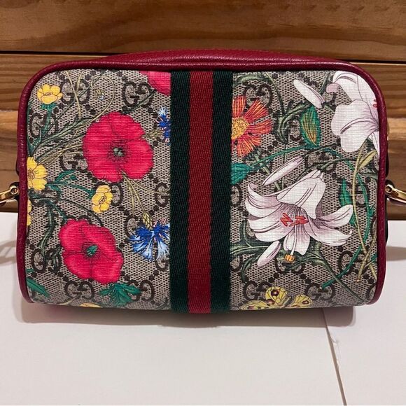 Gucci Ophidia Red Flora Small Camera Leather Canvas Flower Handbag Bag Italy - Picture 5 of 11